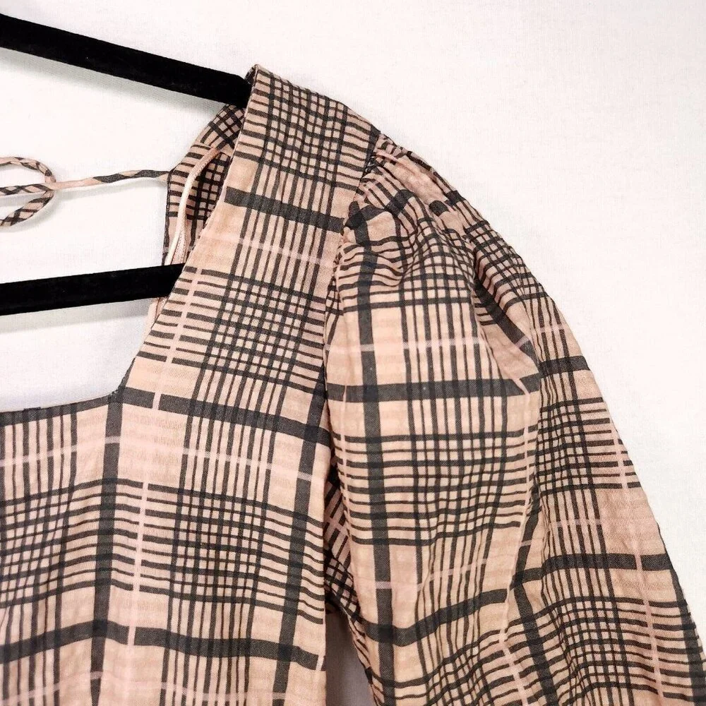Topshop Babydoll Mini Dress Balloon Long Sleeve Size 4 Boho Gingham Brown - Picture 6 of 15